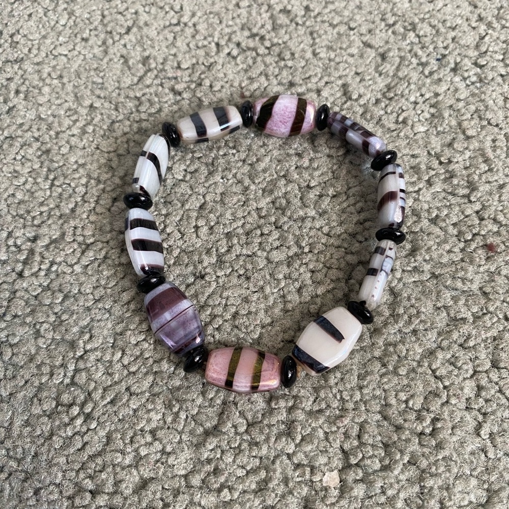 Striped Beaded Bracelet - Pink, Black, and White